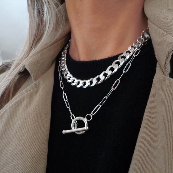 925 Sterling Silver Paperclip Toggle Clasp Necklace 16 inch Paperclip Chain - Picture 1 of 6